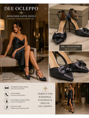 Dee Ocleppo Satin Dark Grey Bow Heels Ankle Strap Pumps EU 39 US 8.5–9 NIB